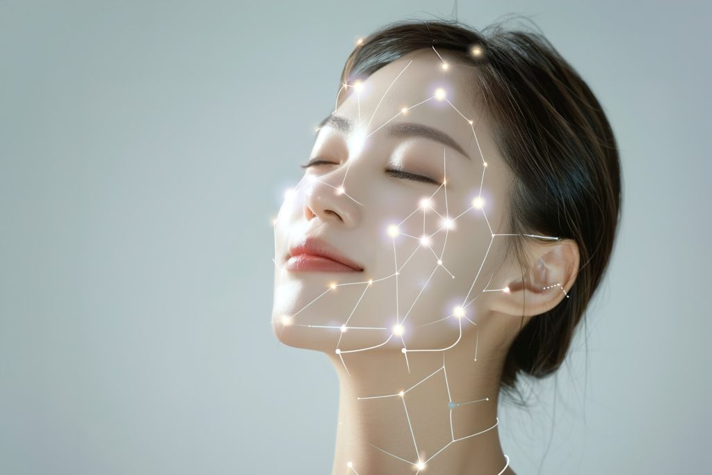 Woman, face and relax in skincare technology on mockup space in hygiene, dermatology or skin map