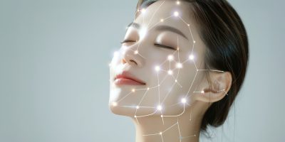 Woman, face and relax in skincare technology on mockup space in hygiene, dermatology or skin map